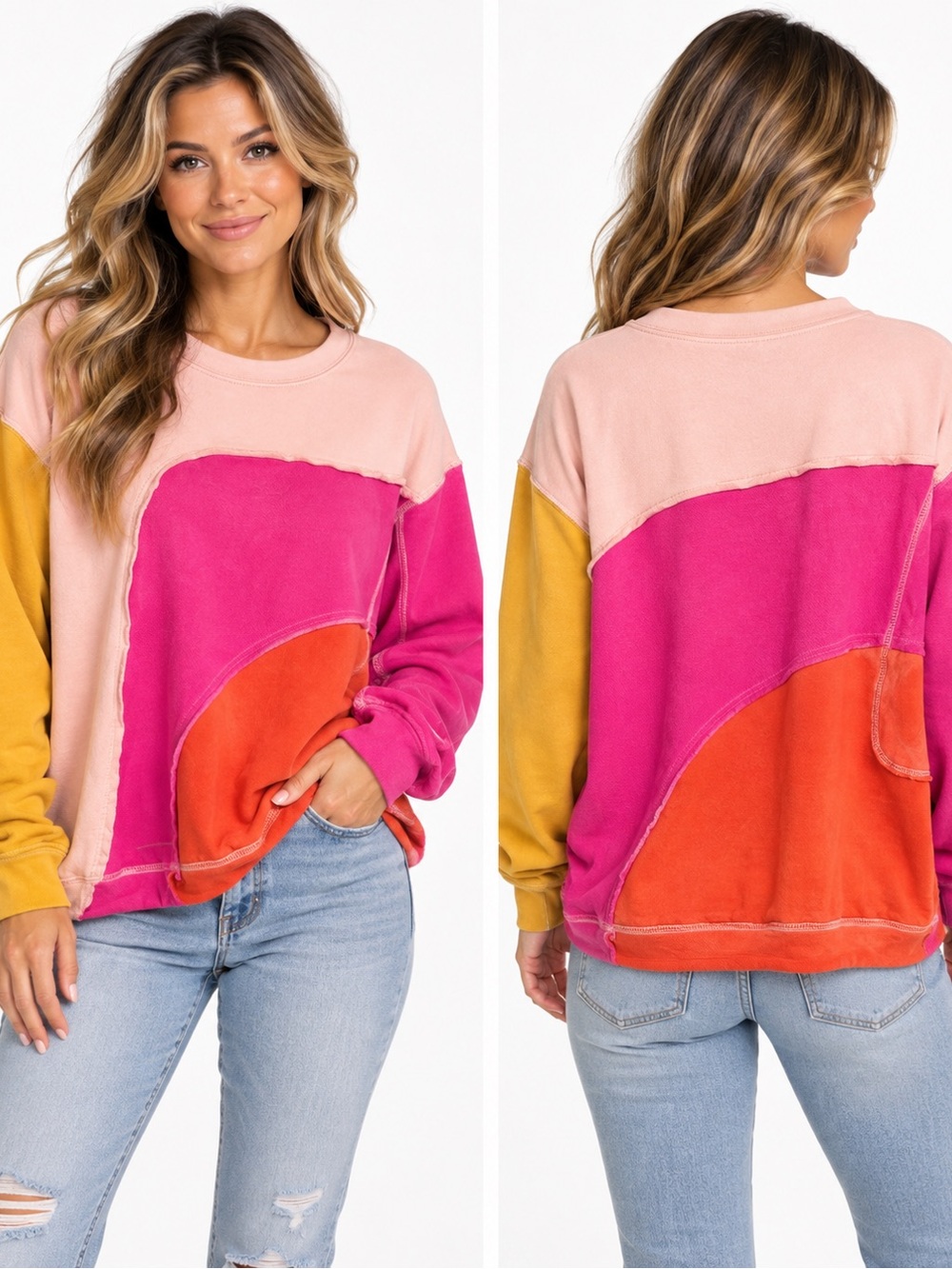Fate Colorblock Crewneck Sweatshirt in Pink, Hot Pink, Orange & Mustard